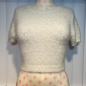Garage Fuzzy Crew Neck Baby Tee Short Sleeve Crop Top White Sz Small